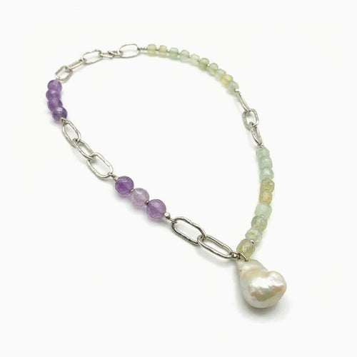 切面紫水晶珠葡萄石配巴拉克珍珠項鏈