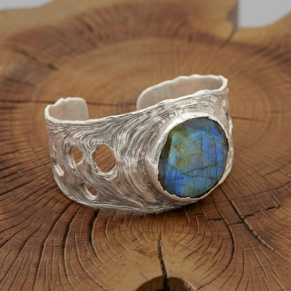 手工銀拉長石鑲嵌手鐲